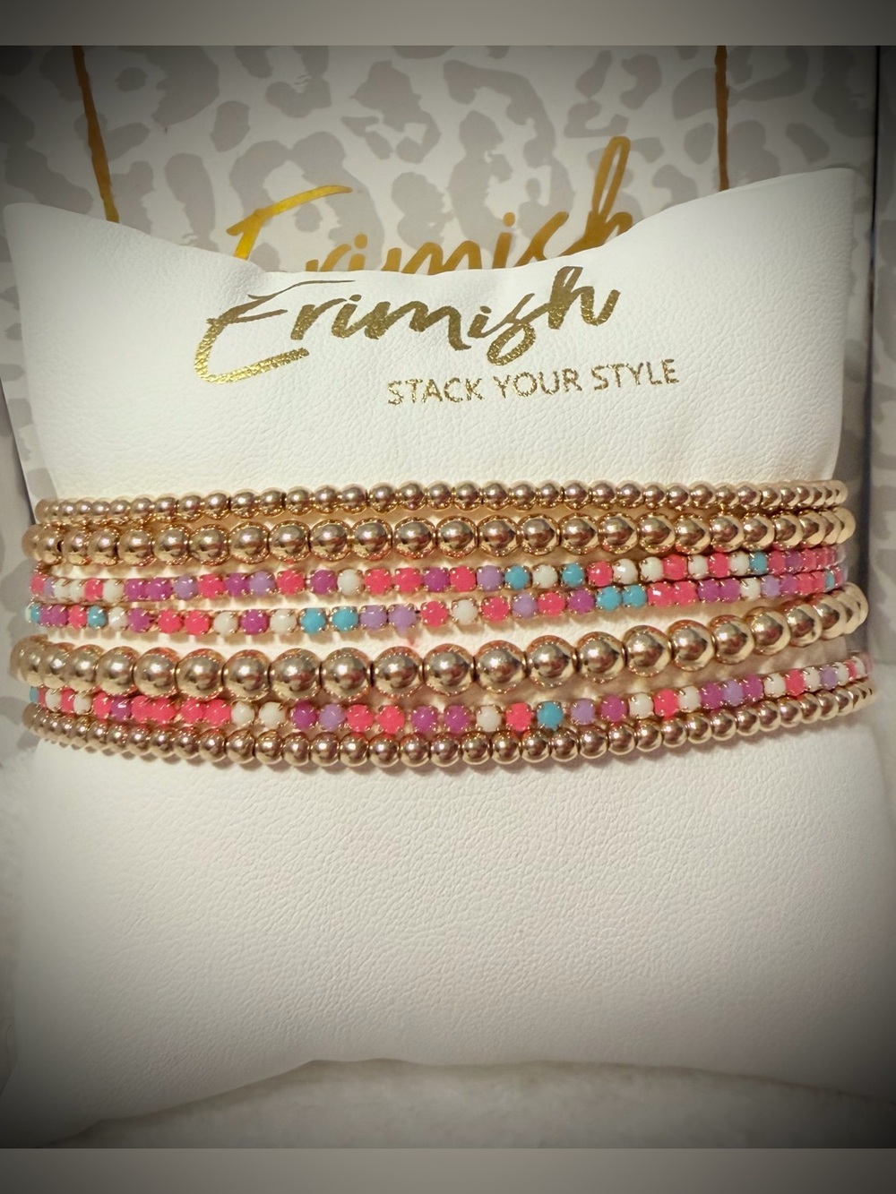New ERIMISH Bracelets 7 pc Stack - Coral, Turquoise & Gold Extended